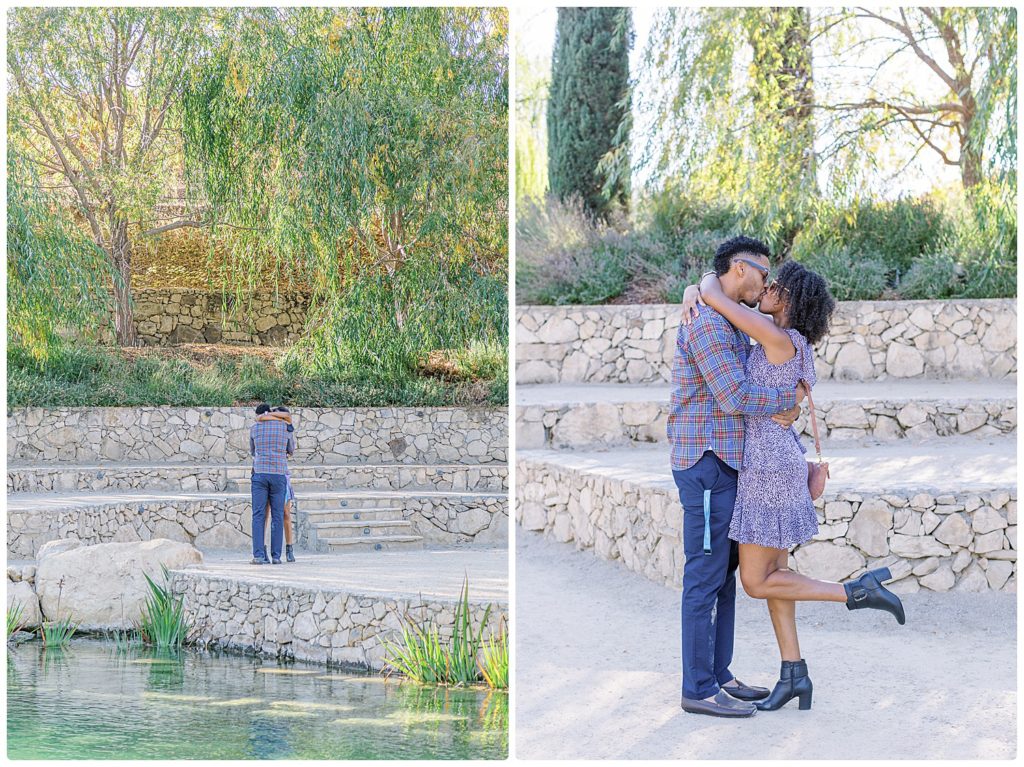 2 images - couple hugging and same couple kissing captured by Renoda Campbell engagement photographer in Terra Mia Paso Robles