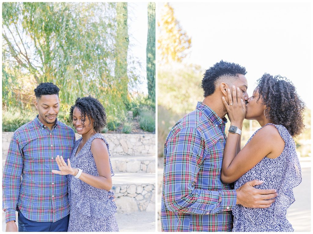 couple looking at the new engagement ring and kissing in second image