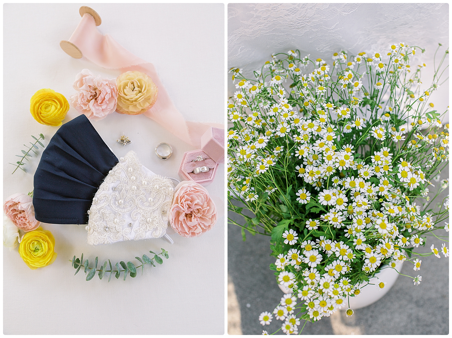 flatlay of bride and groom masks and wedding rings and copy of decorative flowers