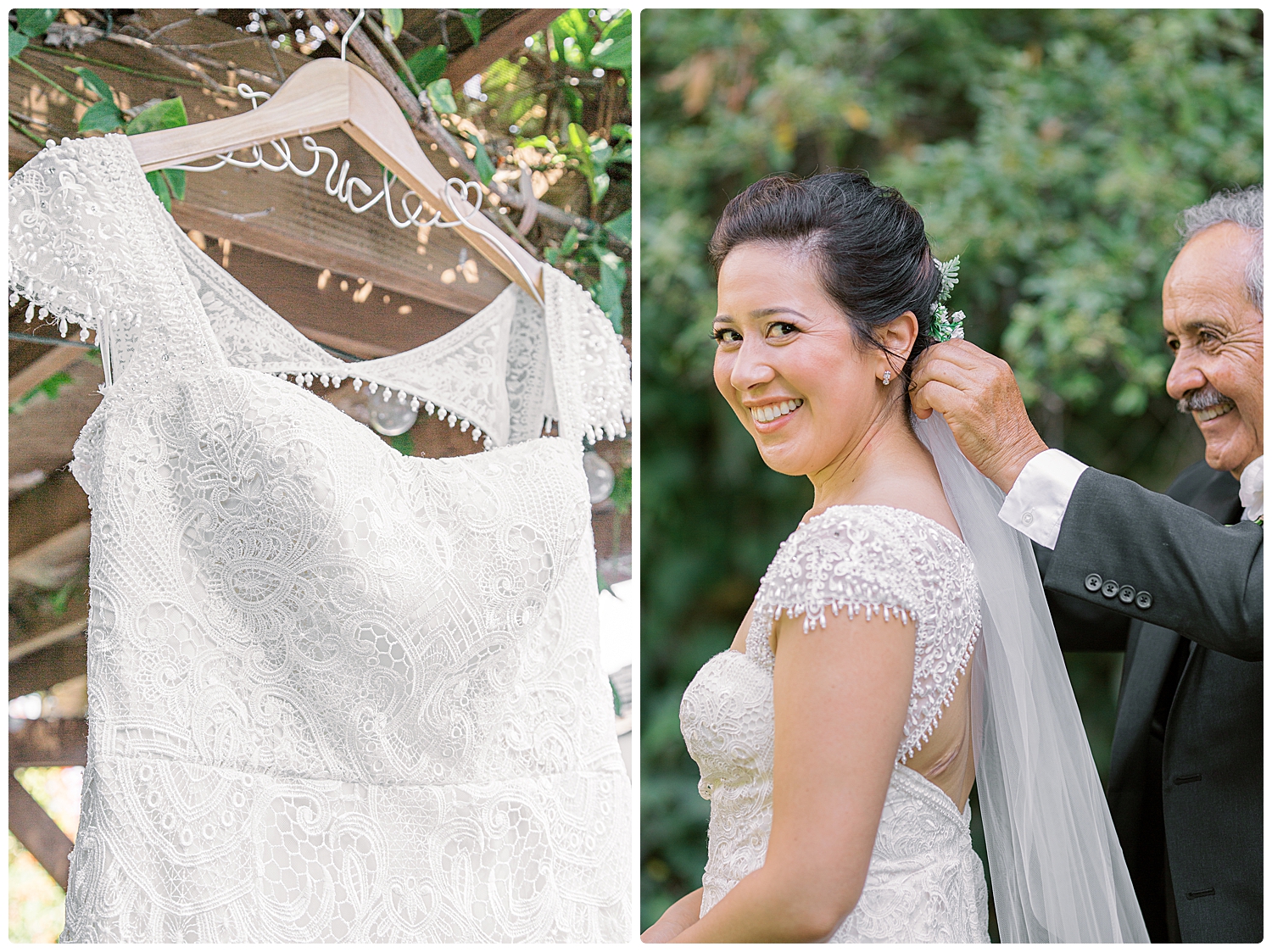 close up of wedding dress and father helping bride with her veil captured by wedding photographer in San Luis Obispo