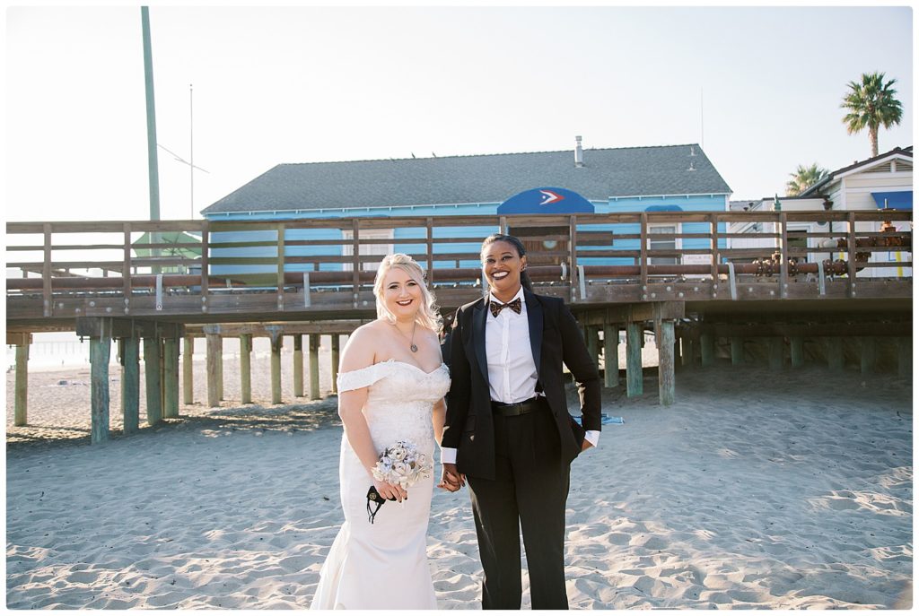 Wedding couple smiling at Avila Beach