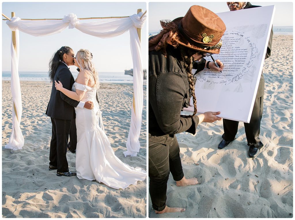 2 brides kissing during wedding ceremony and witness signing the couple's ketubah