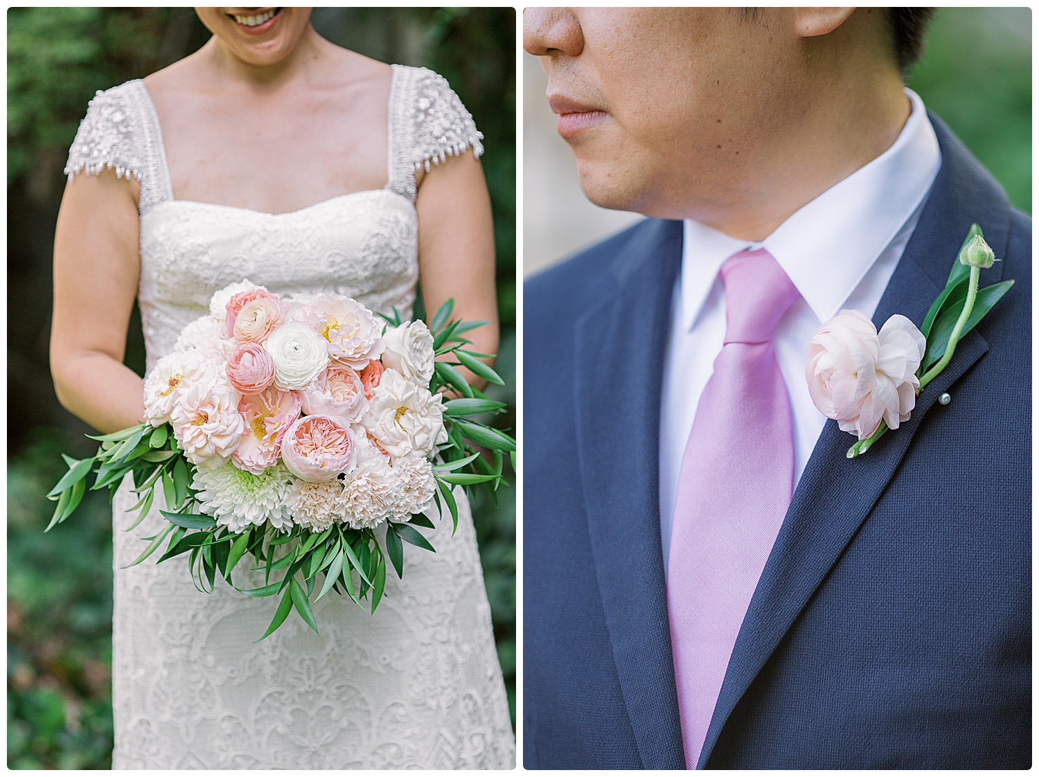 Close up photo of bridal bouquet and groom boutineer during garden wedding in San Luis Obispo, CA