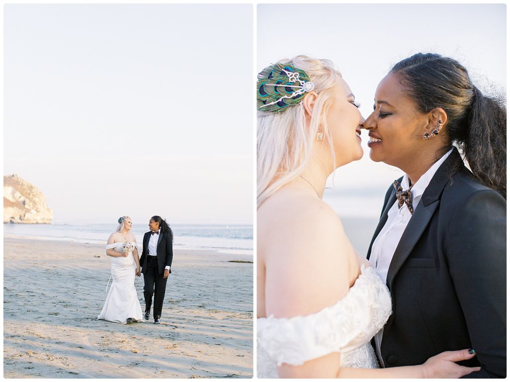 2 brides walking on the beach and smiling while nose to nose