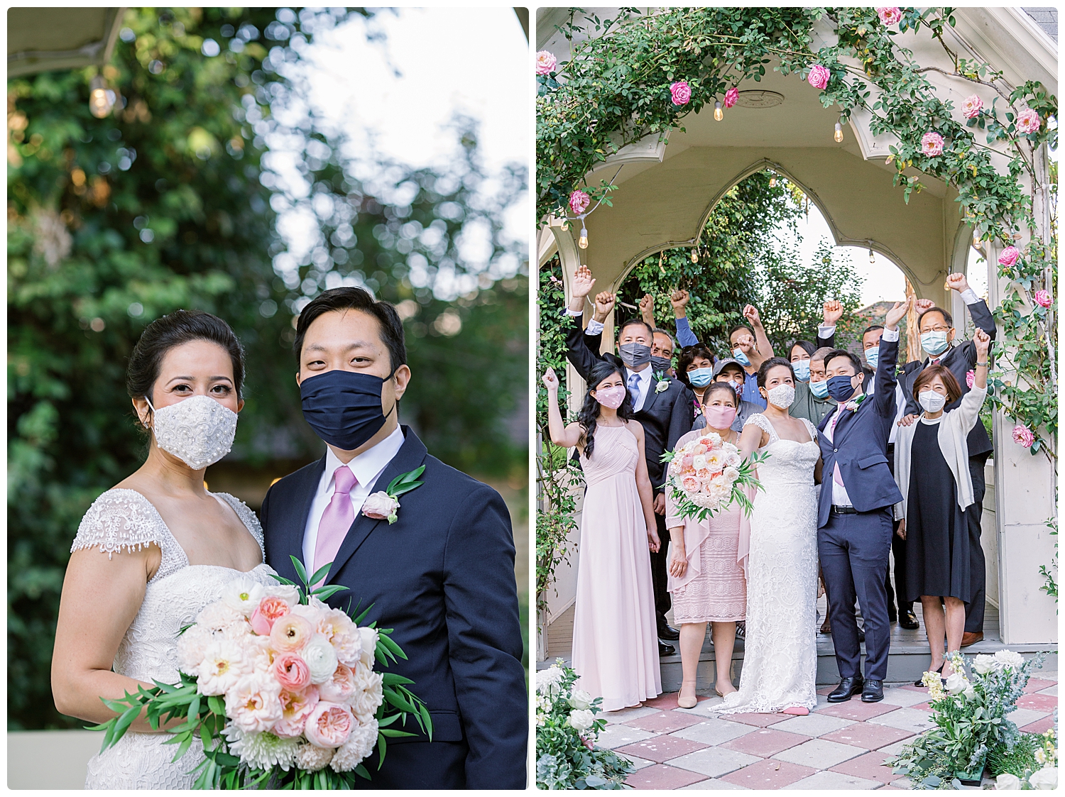 bride and groom wearing their wedding masks and family cheering couple on