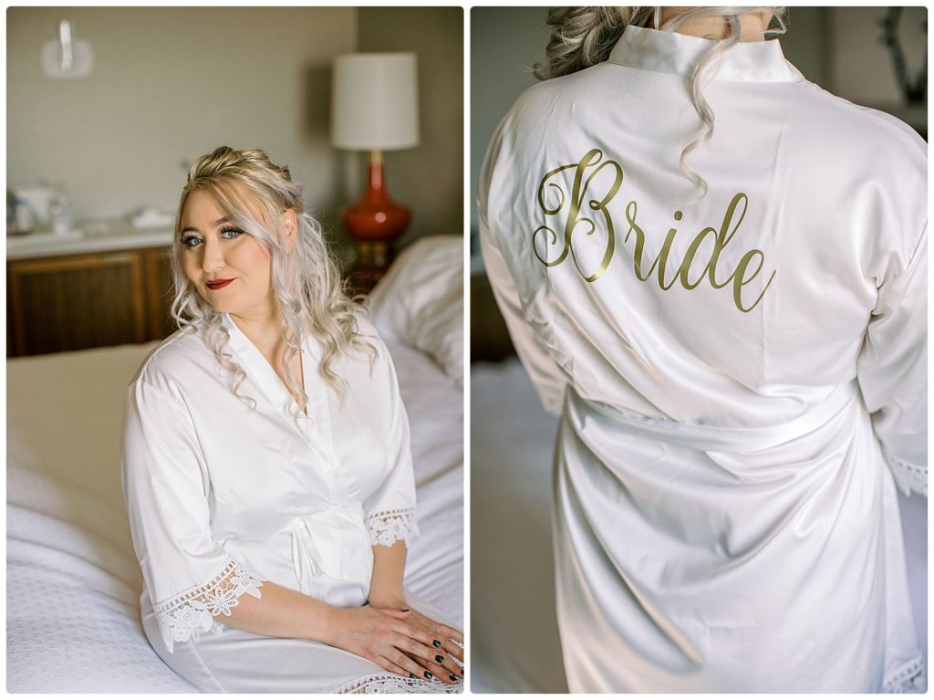 Bride sitting on the bed preparing for wedding and back side of bridal robe that says bride