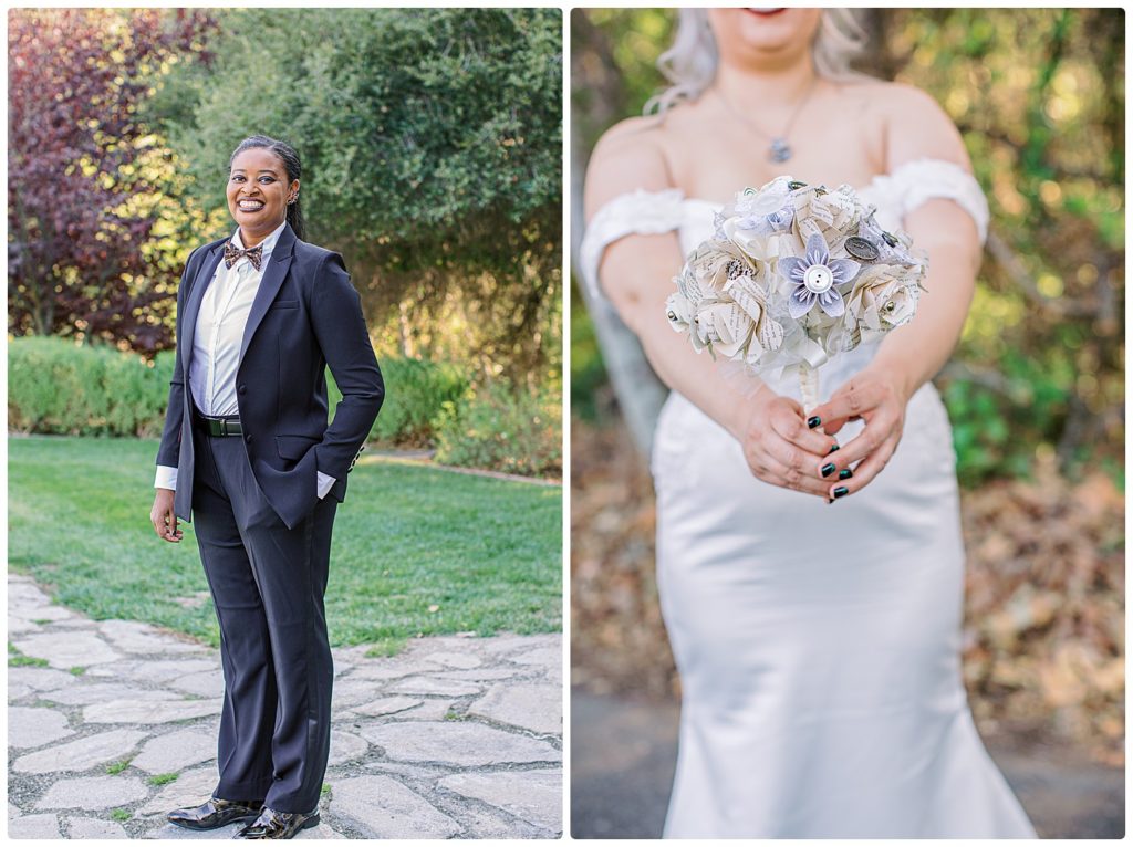 2 brides-one image of the bride in a tux and one bride holding her paper bouquet