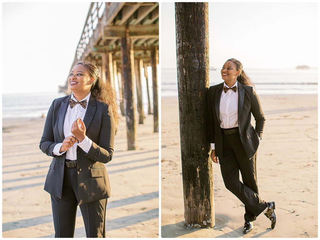 bride wearing suit in 2 images