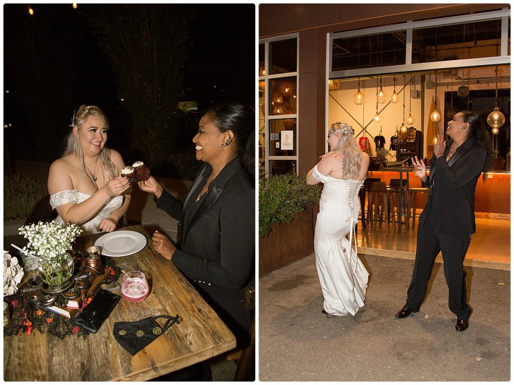 2 brides toasting with cupcakes and dancing