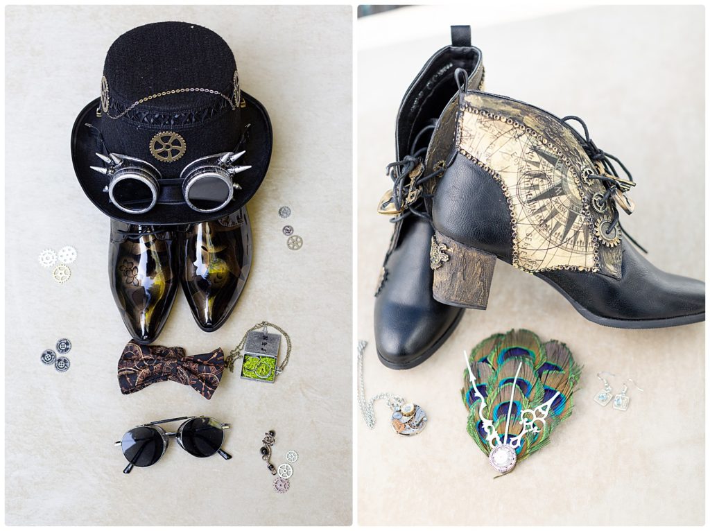 flatlay of 2 brides shoes and wedding details during steampunk wedding