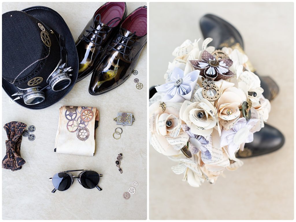 flatlay of bouquet and wedding details
