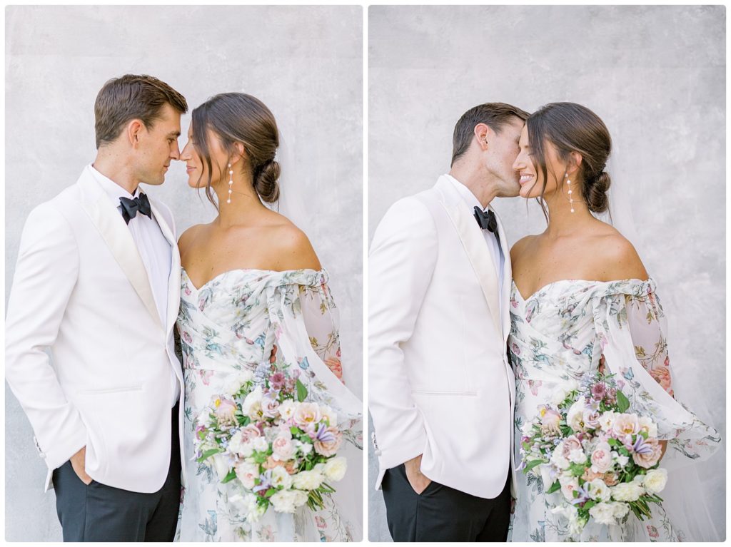 2 images - groom and bride nose to nose and groom kissing bride on cheek