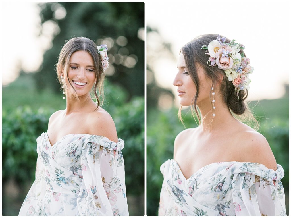 2 images - bride wearing floral headpiece