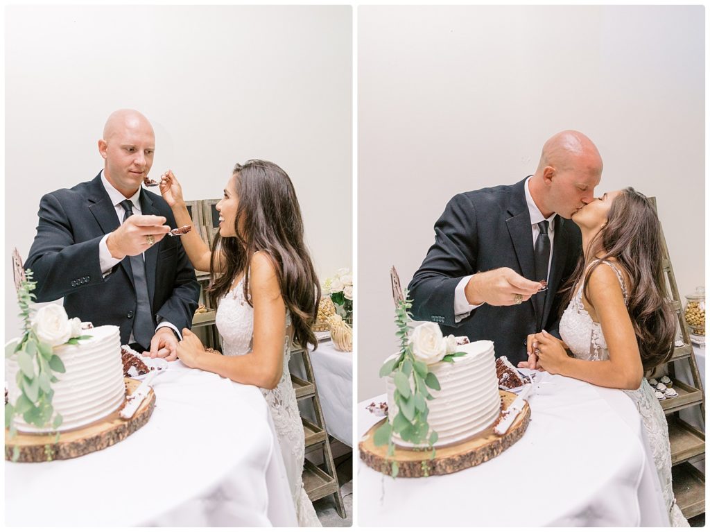 bride and groom eating cake and kissing after eating cake