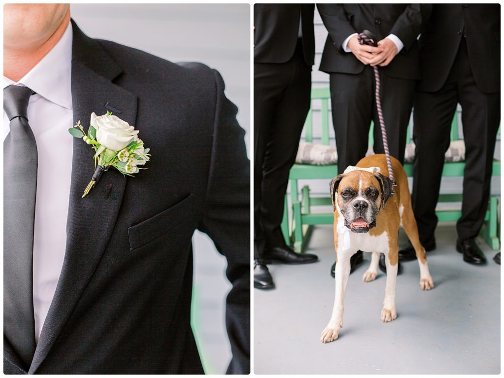 close up photo of groom boutineer and dog as best dog