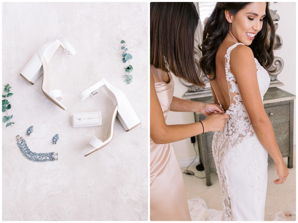 image 1 - bridal shoe details image 2 - bridesmaid zipping up wedding dress