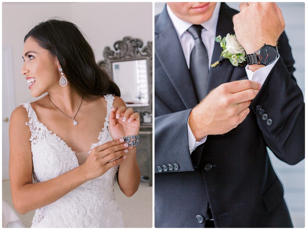 close up of bride and groom getting ready for their garden wedding in California