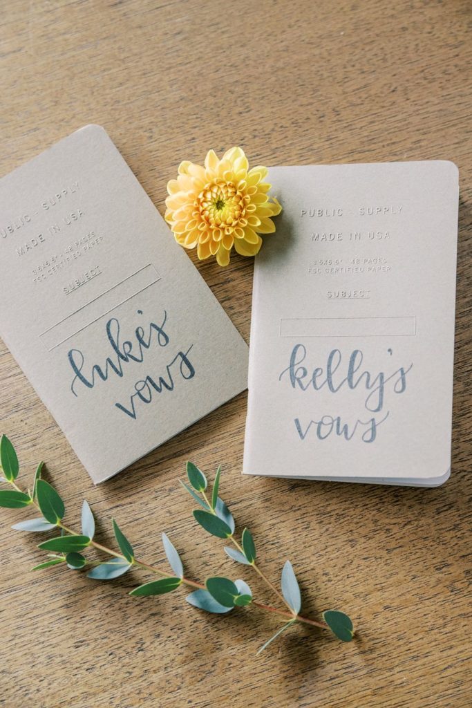 close up of bride and groom vow books