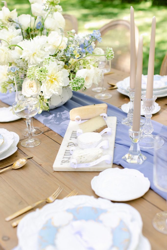 cheese plate and florals for wedding tablescape - spring