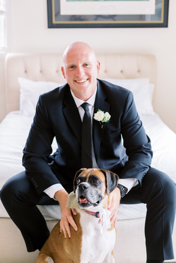 Groom and Best dog pet before wedding ceremony